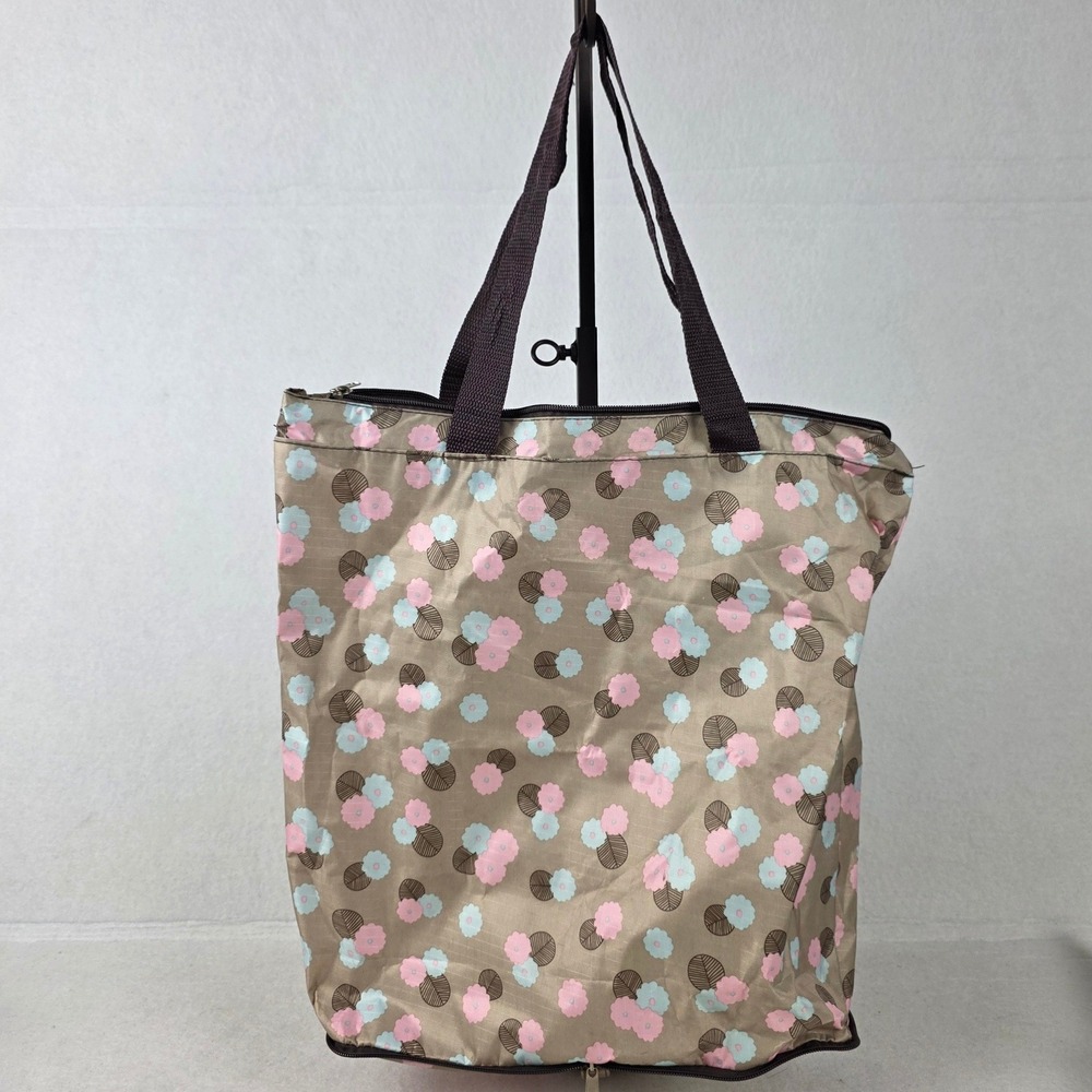Floral Packable Reusable Tote Bag Inspirational Quote Tan Pink Blue Zippered
